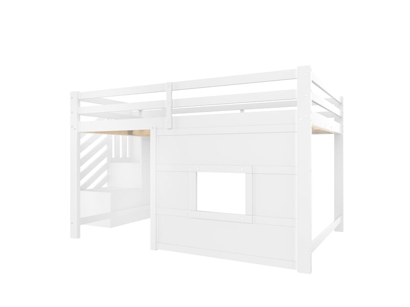  Lit mezzanine blanc 140x200 cm en pin et mdf avec escalier de rangement, fenêtre, barrières de sécurité et éclairage led  - Conforama E