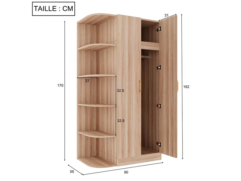  Armoire 2 portes en bois naturel 90x55x170 cm avec porte-manteau, penderie et étagères de rangement  - Conforama C