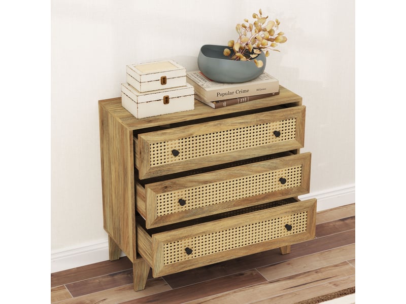  Commode 3 tiroirs meuble de rangement cannage en rotin 80 x 35 x 76 cm aspect bois clair  - Conforama W