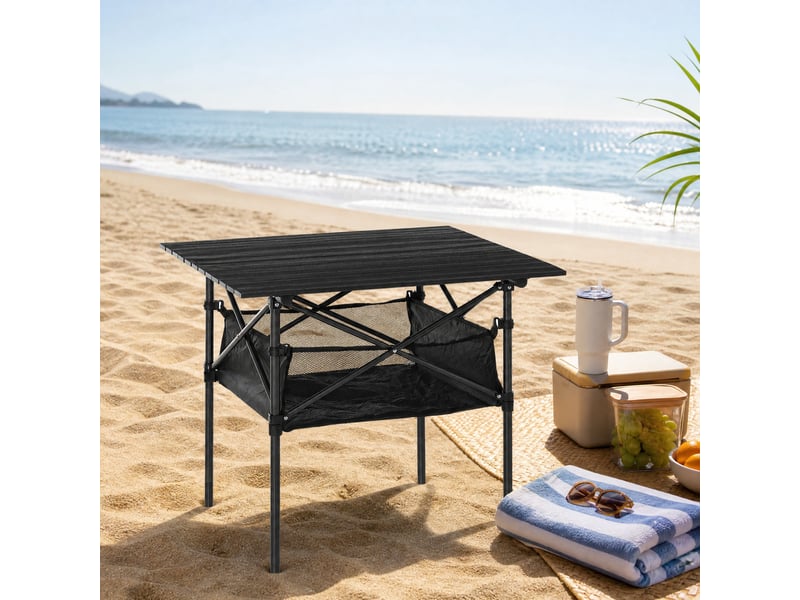  Table de camping pliable 70 x 70 cm en aluminium gris, avec sac en maille et housse de transport légère  - Conforama E