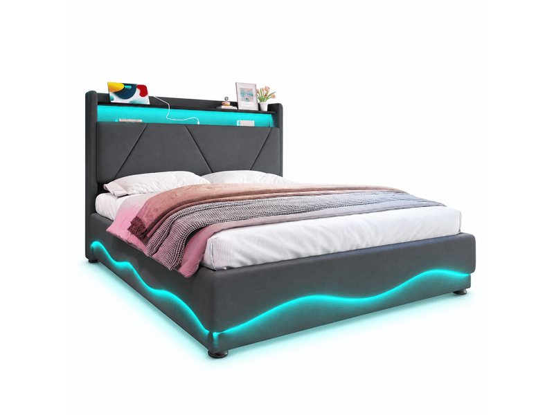  Lit coffre rembourré 140 x 200 cm, vérins à gaz, tête de lit avec led et étagères, usb, poches latérales, rangement, velours, gris Bliss Lite - Conforama A