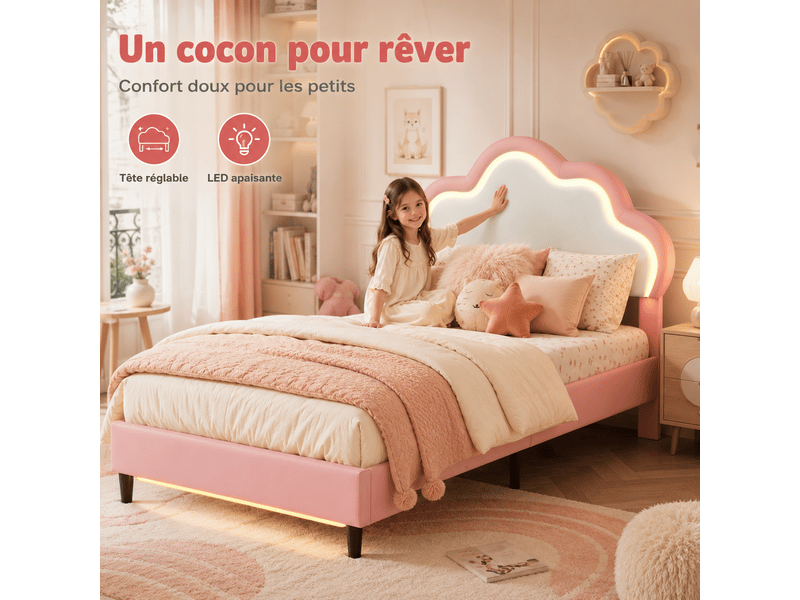 Lit enfant fille 90x200 avec éclairage led rgb , lit princesse avec tête de lit nuage réglable, sommier à lattes, 1 place, lit enfant fille 90x200 cm avec lumière led, lit princesse avec tête de lit nuage réglable, lit rembourré… - Conforama E