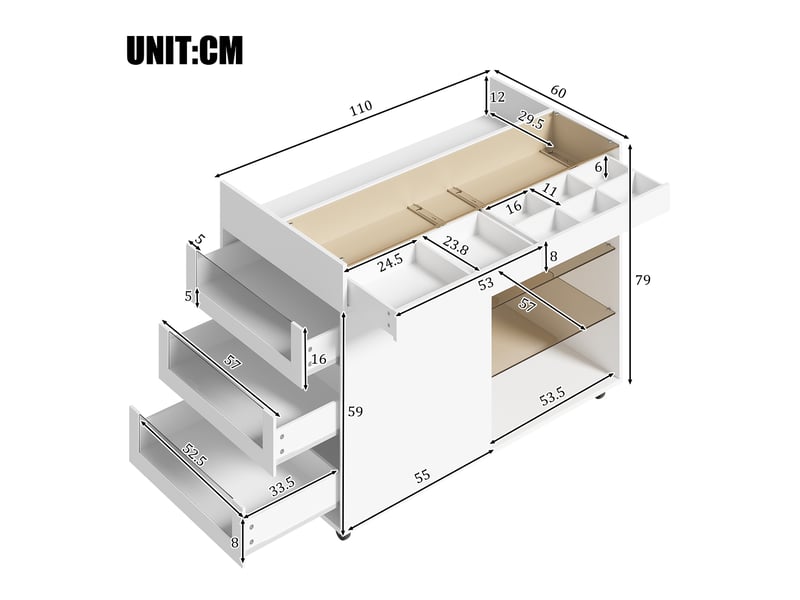 Coiffeuse avec 5 tiroirs et roulettes - pour chambre - en panneaux et verre trempé - 110×60×79 cm - blanc  - Conforama D