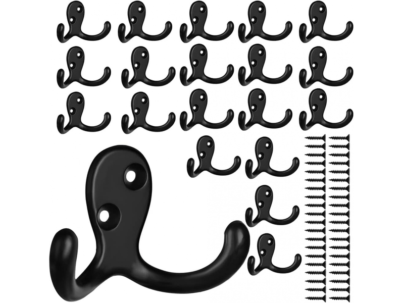 Lot de 20 crochets muraux robustes à double crochet avec vis, adaptés pour suspendre manteaux, écharpes, serviettes, noir - Conforama A