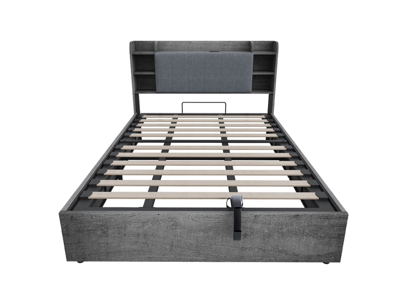Lit double hydraulique gris 180x200 cm, tête de lit rangement, ports usb et type-c, sans matelas
