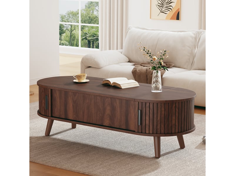  Table basse relevable 120x50x39,5 cm avec rangement caché, table de salon avec 5 espaces de rangement, hauteur relevée 53,5 cm, coloris noyer Seren Glow - Conforama D
