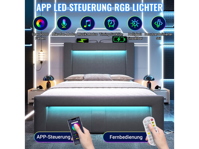  Lit coffre, lit enfant 90x200 cm, rangement hydraulique, led, usbusb-c, tête de lit incurvée, matelas inclus, velours gris  - Conforama E