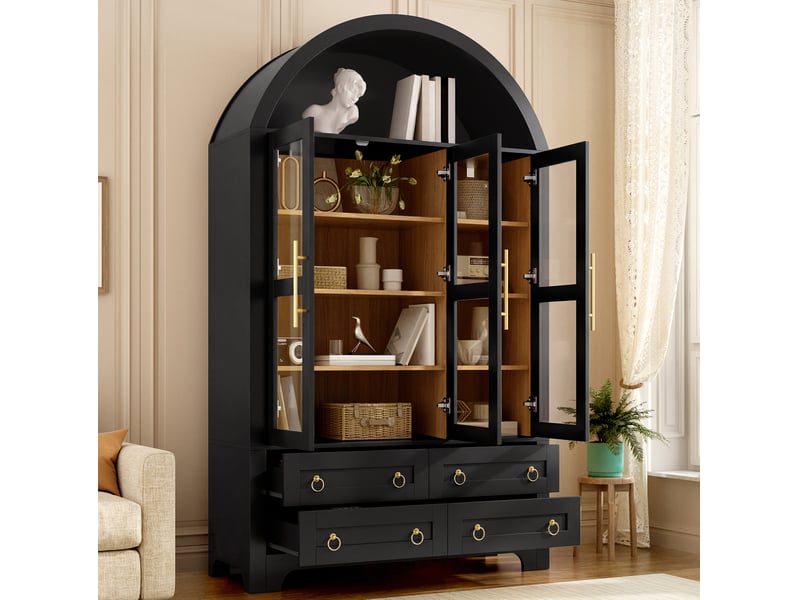  Buffet haut 110 x 40 x 185 cm noir, mdf et panneaux de particules, 3 portes vitrées, 4 tiroirs, niche ouverte  - Conforama B