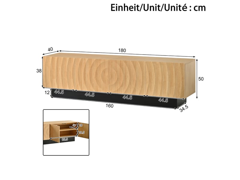 Meuble tv 180x40x50cm avec 4 portes à relief arqué 3d, étagères fixes, passe-câbles et socle noir, style mid-century, bois naturel evarich - Conforama C