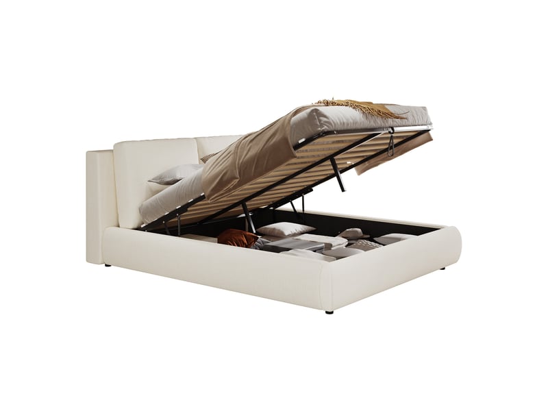  Lit double rembourré 160 x 200 cm avec rangement hydraulique et sommier à lattes, tissu bouclé beige Fay Lum - Conforama A