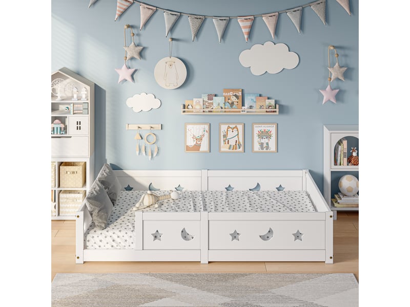  Lit au sol enfant 120x200, lit montessori au sol en bois massif avec barrière de sécurité et sommier à lattes  - Conforama W