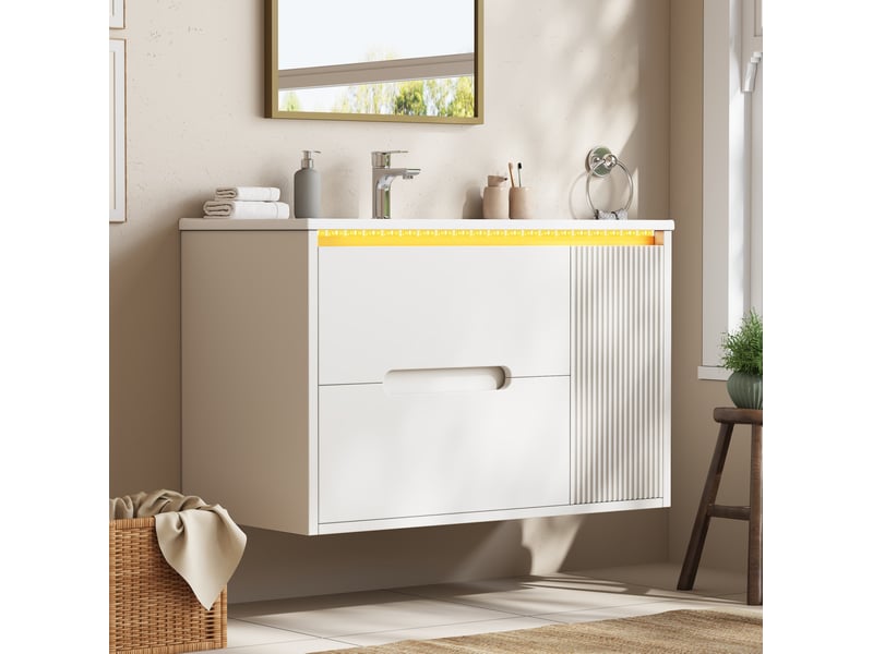 Meuble vasque salle de bain mural 81 cm – blanc – vasque céramique, led intégrée et rangements optimisés - Conforama B
