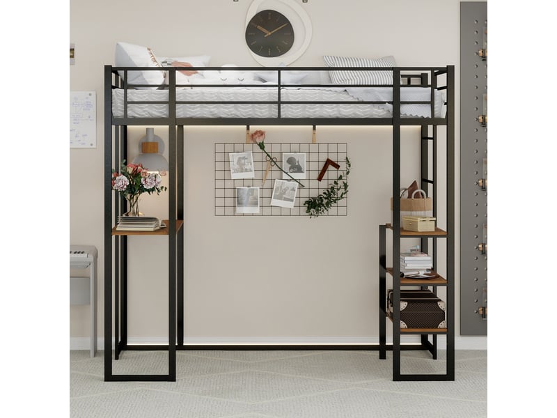 Lit mezzanine 90x200 cm - lit mezzanine enfant metal avec bureau en l et échelle réversible, noir, sans matelas - Conforama C