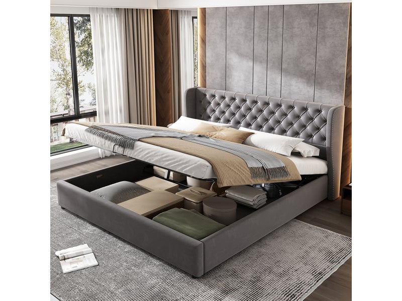  Lit coffre 180x200 - lit double capitonné avec rangement sous le lit - velours - sans matelas - gris  - Conforama E