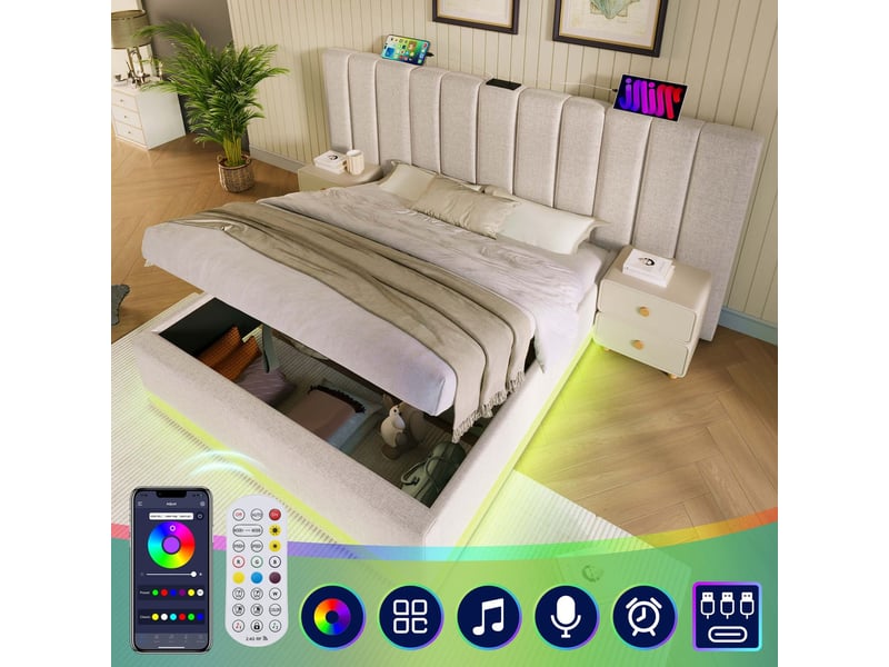Lit coffre 180x200, grand rangement lit double, ouverture hydraulique assistée, led 360°, ports usb usb-c, matelas 7 zones h3 inclus, revêtement lin beige - Conforama D