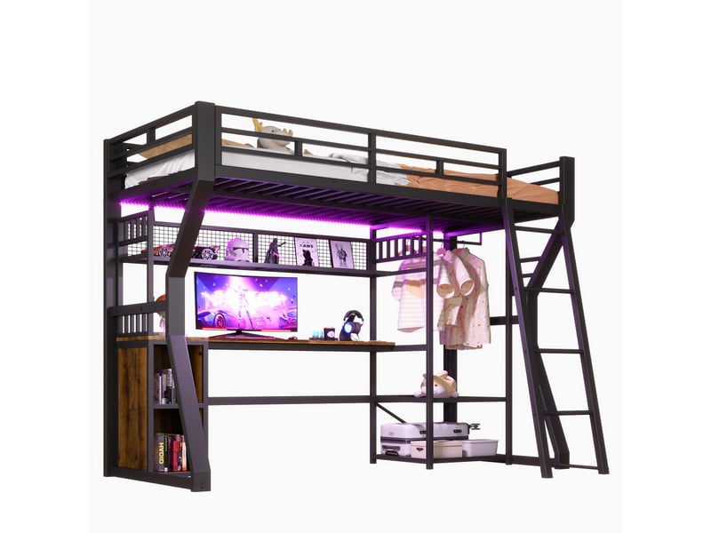  Lit mezzanine 90 × 200 cm 1 place avec bureau, penderie, étagères, prise et led réglable, sans matelas  - Conforama A
