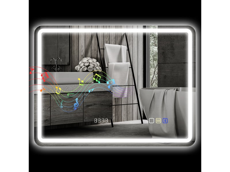  Miroir de salle de bain avec éclairage led 80x60 cm, bluetooth, 3 couleurs d'éclairage, horloge numérique, fonction antibuée et fonction mémoire  - Conforama B