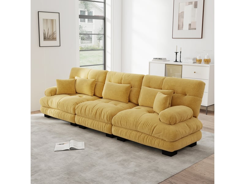  Canapé d'angle, canapé convertible, 3 places, jaune, en chenille, assise profonde  - Conforama C