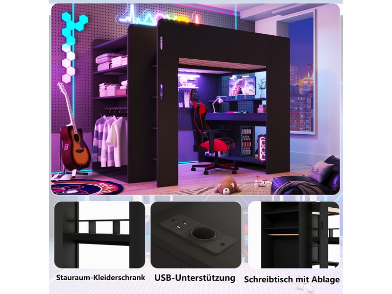  Lit mezzanine double 140×200 cm avec bureau, armoire, led et usb - okmyhome- noir, sans matelas  - Conforama E