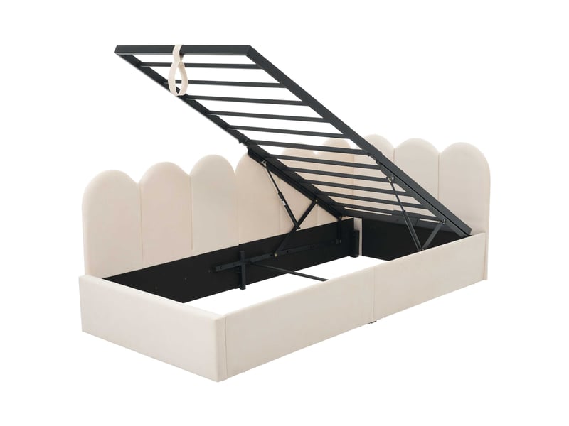  Lit banquette coffre 90x200 cm, rangement hydraulique, sommier relevable, dossier en l, velours beige C-DEGAYUN - Conforama D