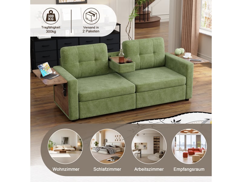 Canapé 2 places en chenille avec rangement intégré, table d’appoint réglable, porte-gobelets et espace de travail - vert - Conforama D