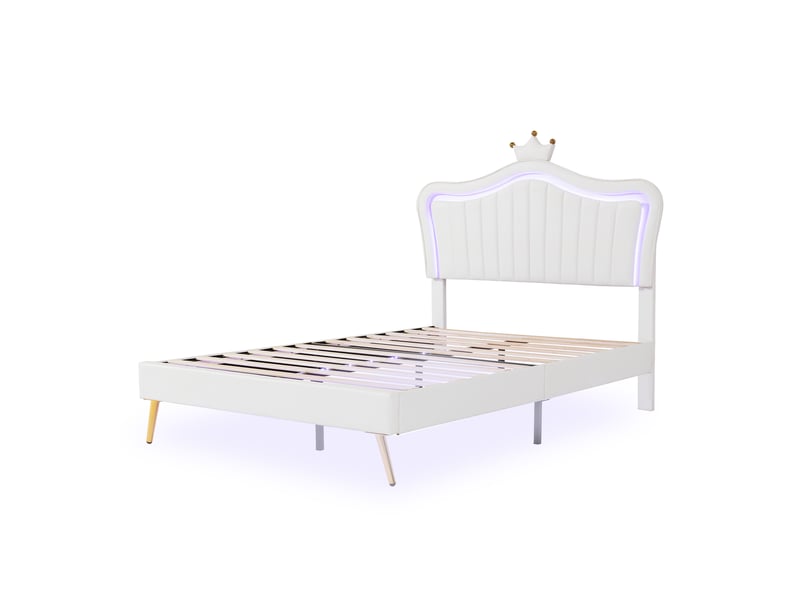  Lit enfant capitonné 140 x 200 cm, tête de lit couronne, led, cadre pu blanc, sommier inclus, sans matelas  - Conforama A
