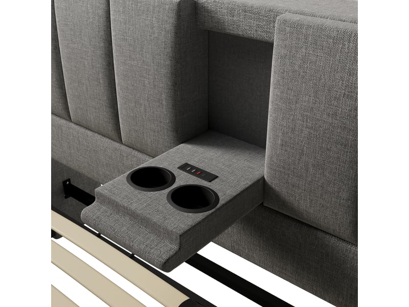  Lit coffre 160x200cm - 2 places pour adulte - gris - lin - station de charge usb et type-c - porte-gobelet caché  - Conforama W