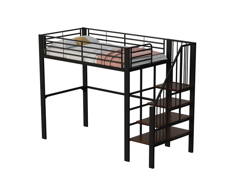  Lit mezzanine 90x200 cm en métal noir avec escalier et espace de rangement  - Conforama A