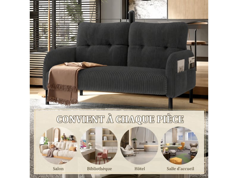 Canapé 2 places en velours côtelé avec poche latérale, dossier haut et pieds en métal, gris  - Conforama B