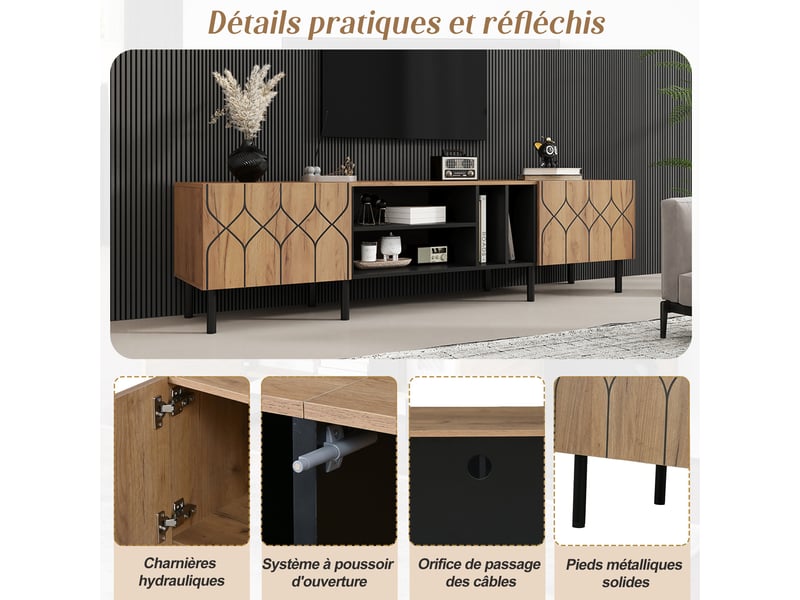  Meuble tv effet bois et noir avec portes à motifs géométriques  - Conforama D