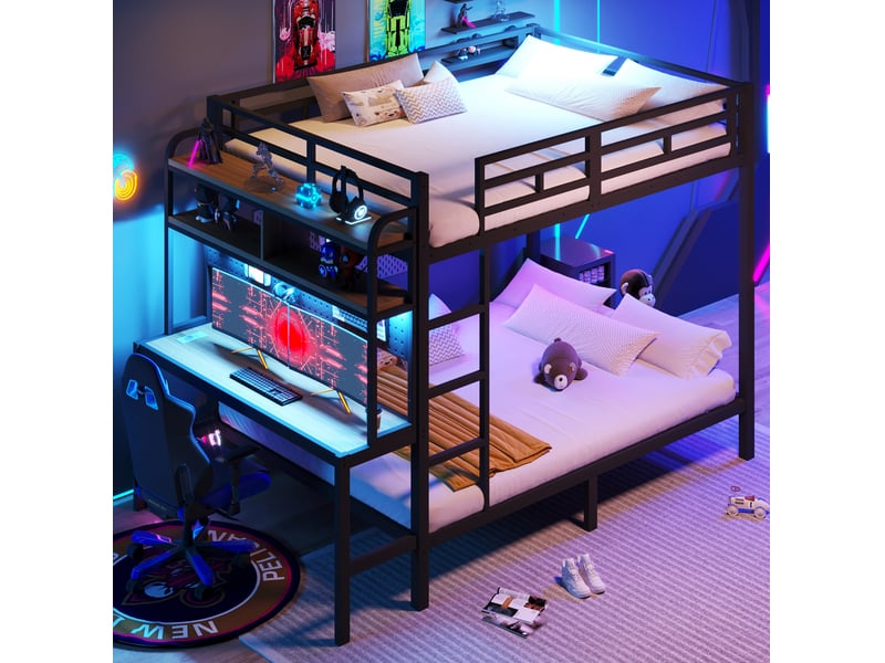  Lit mezzanine enfant 140 x 200 cm noir avec bureau, étagères, led, usb et échelle  - Conforama C