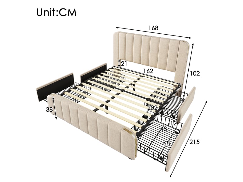  Lit double 160x200 cm en tissu beige, tête capitonnée avec usb-c et 4 tiroirs, style moderne  - Conforama C