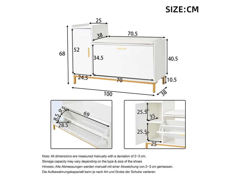  Meuble à chaussures 100x38x68 cm rangement 2 niveaux siège rembourré pieds dorés panneau de particules, métal blanc doré  - Conforama C