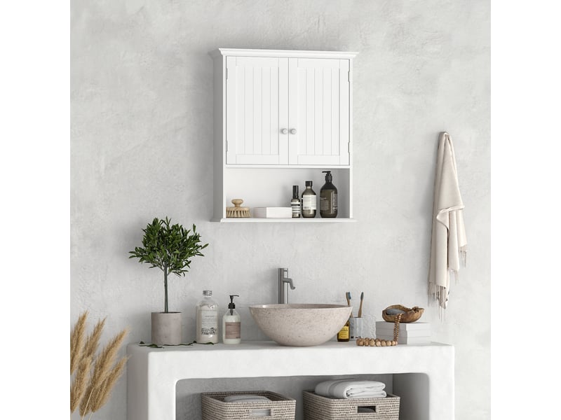  Armoire murale salle bain 2 portes, étagère réglable compartiment ouvert, 60×20×70,5cm, blanc, cuisine  - Conforama C