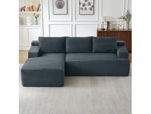 Canapé d'angle compressé en l 238x152x66 cm modulable 3 places, mousse et velours côtelé couleur gris foncé, moderne