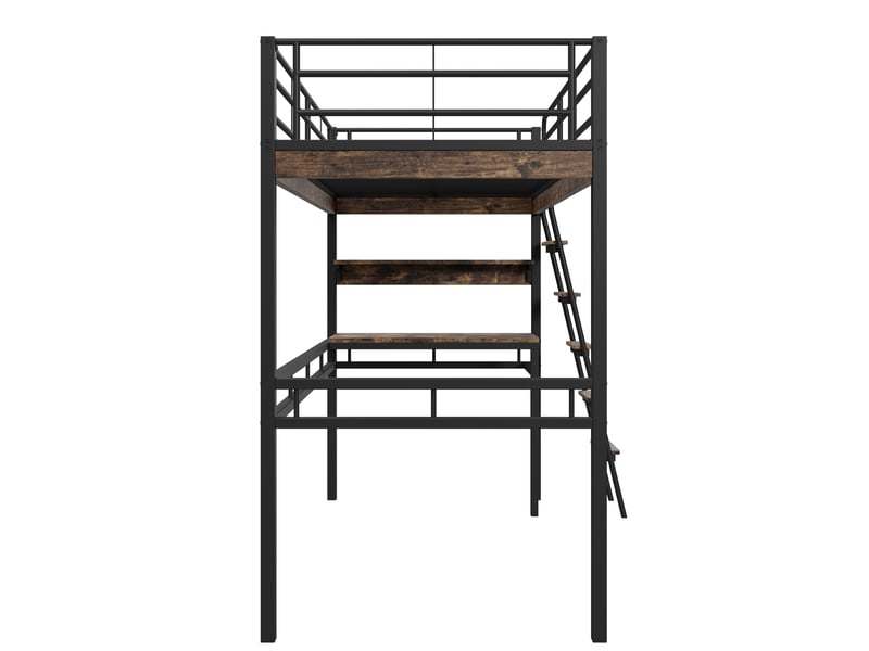 Lit mezzanine lit simple avec bureau, étagères, échelle et garde-corps, 200x90 cm, sans matelas, noir - Conforama E