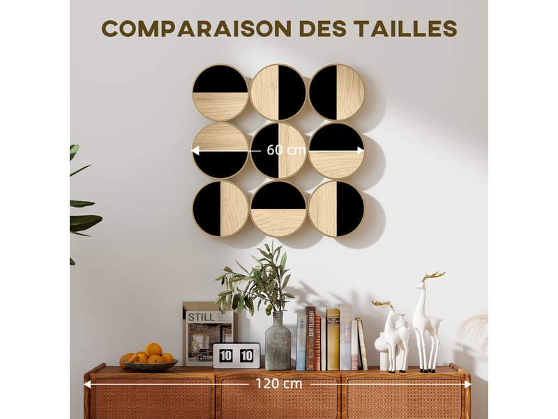  Décoration murale en métal, sculpture murale en métal, design unique à plusieurs disques, naturel et noir, 60 x 60 cm  - Conforama W