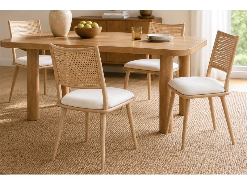  Lot de 4 chaises de salle à manger avec dossier en rotin  - assise rembourrée en pu beige  - Conforama E