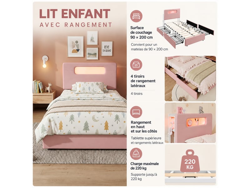 Lit enfant rembourré 90 x 200 cm à tête réglable avec éclairage led, 4 tiroirs de rangement, lit d'appoint pour chambre, rose - Conforama D
