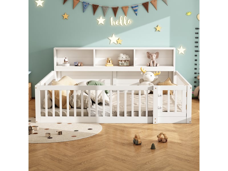  Lit banquette blanc 140x200 cm en pin, rangement latéral et garde-corps  - Conforama B
