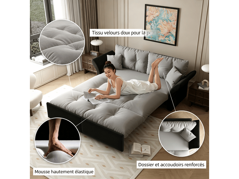  Canapé-lit 3 en 1 190 cm en velours gris avec lit gigogne et 2 coussins pour salon IKSETERA TRADING LTD - Conforama D