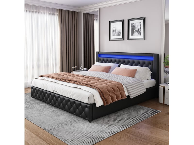  Lit coffre 160x200 cm avec sommier à lattes, led, tête de lit, pu noir  - Conforama B