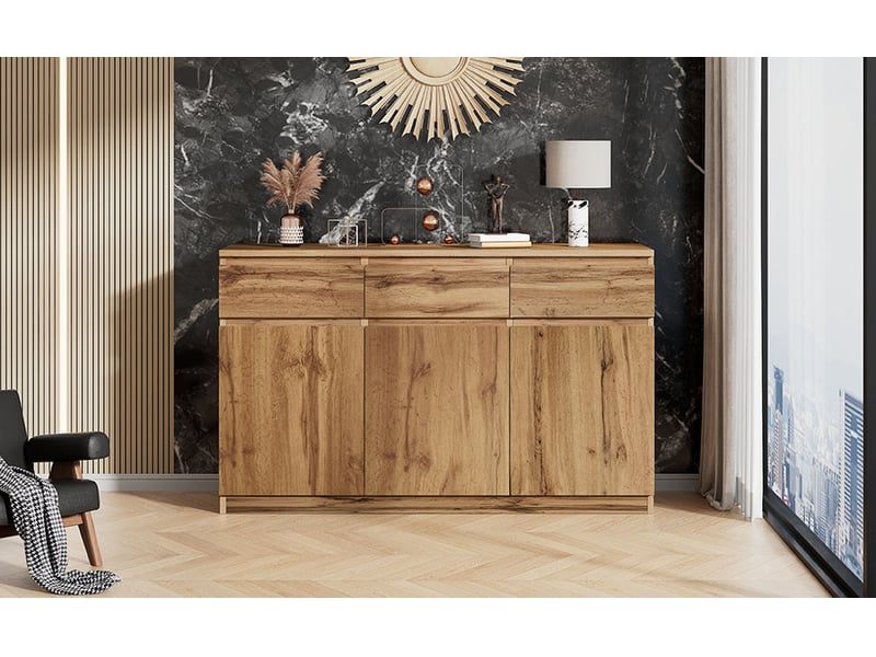 Buffet en bois avec 3 portes et 3 tiroirs, bahut pour salon ou salle à manger, finition bois naturel et poignées dissimulées - Conforama E