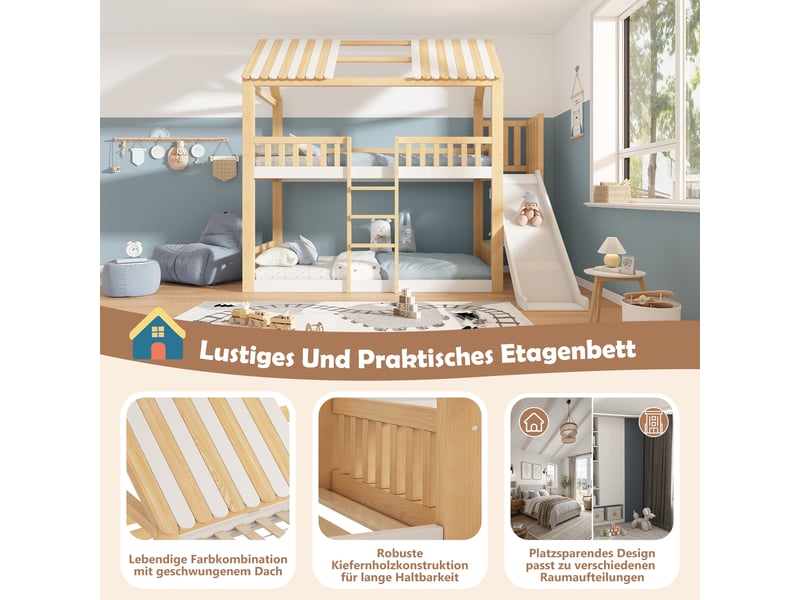  Lit superposé enfant 90x200 cabane avec toboggan et étagère, blanc et bois, pour deux enfants  - Conforama R