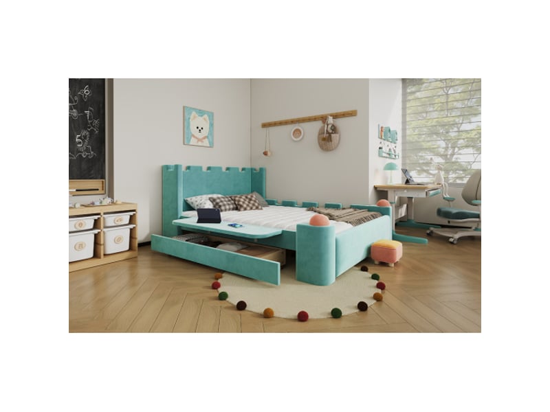  Lit enfant capitonné 140x200 - velours bleu-vert, design château, tiroir de rangement, tablette rabattable, anti-choc  - Conforama D