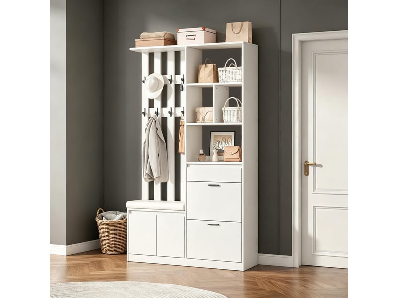 Meuble d’entrée blanc en mdf 120 x 30 x 200 cm, vestiaire avec banc rembourré, 10 patères et rangement à chaussures - Conforama B