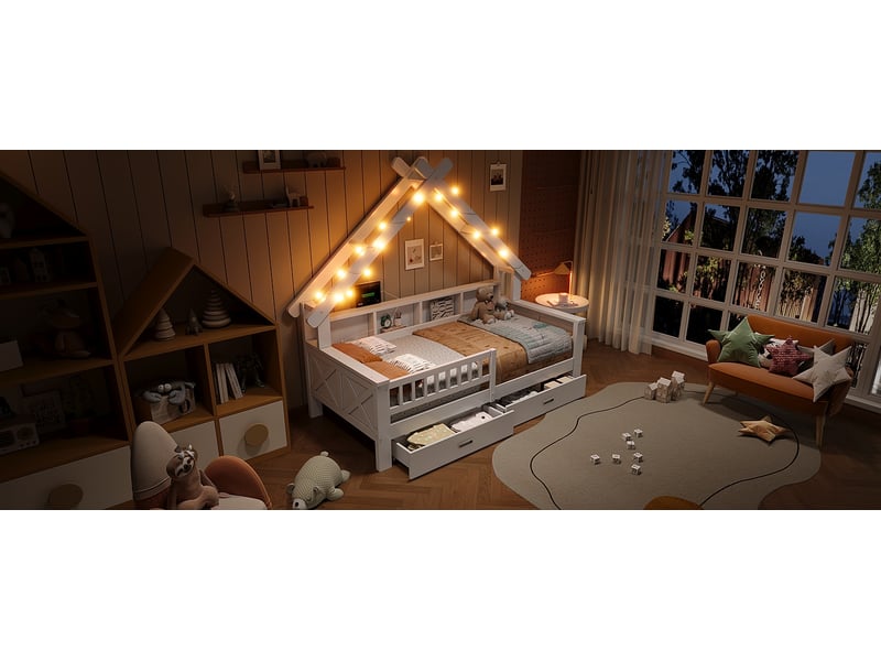 Lit plateforme enfant forme maison 90x200 cm blanc mdf pin led rangements 2 tiroirs garde-corps Sol Morn - Conforama E