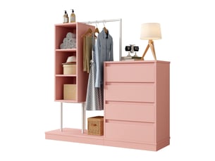 Armoire portant 140x40x135cm - meuble desserte de rangement ouvert avec 4 tiroirs & tringle penderie métal - rose