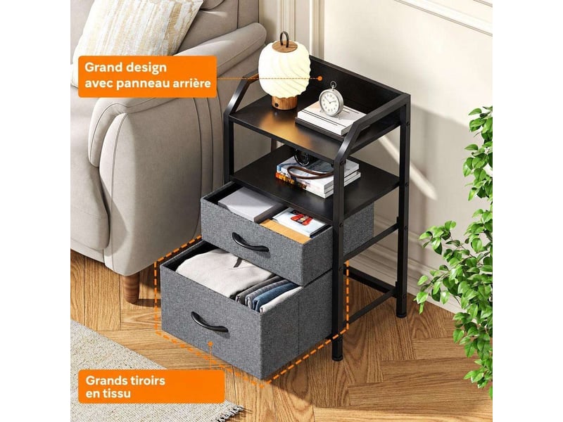  Table de chevet 40x30x70 cm deux tiroirs tissu etagere ouverte gris fonce et noir  - Conforama D