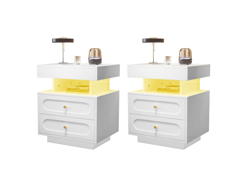  Table de chevet led 2 tiroirs avec compartiment ouvert, finition laquée blanche, l 100p 40h 60 cm  - Conforama E